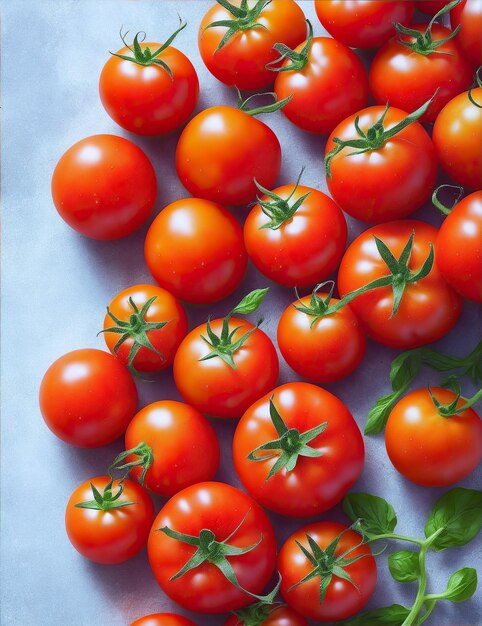 Een bos tomaten staat op een blauw oppervlak