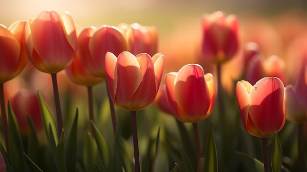 Een bos tulpen in een veld waar de zon op schijnt.