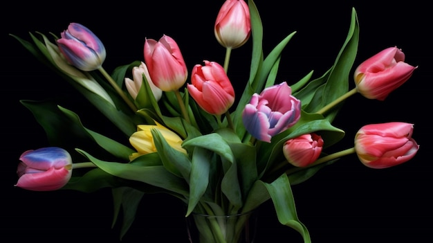 Een bos tulpen met groene bladeren