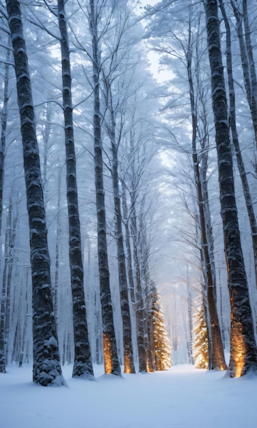 Een bos van besneeuwde bomen met fonkelende lichtjes