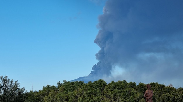 Een bos van bomen en een heuvel waar rook uit komt