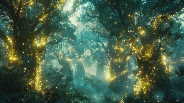 Foto een bos van gloeiende bomen hun bladeren stralen een zacht overwerelds licht binnen de bomen zijn