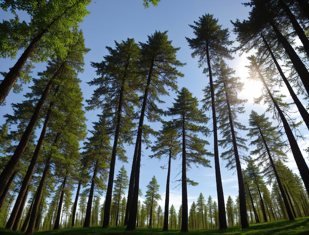 Een bos van hoge bomen met de zon die door de bomen schijnt.