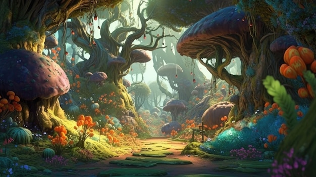 Een bos van paddenstoelen met een lampje op de bodem