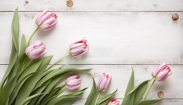 Een bos van roze tulpen op een witte houten achtergrond