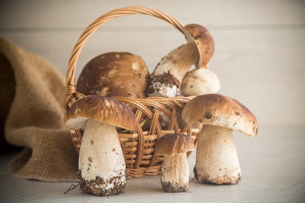 Een bos van vers geoogste bospaddestoelen in een mand op een houten tafel