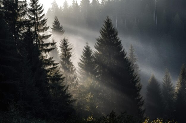 Een bos vol met veel bomen bedekt met mist