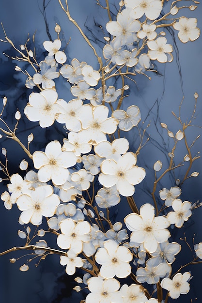 een bos witte bloemen aan een boom Gouache schilderij van een sneeuwkleurige bloem Perfect voor kunst aan de muur