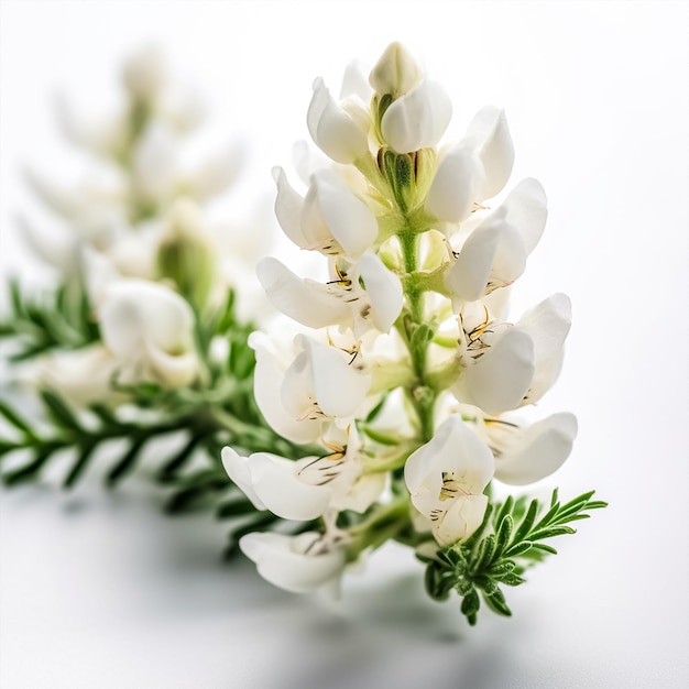 Een bos witte bloemen met groene bladeren en een groen takje.