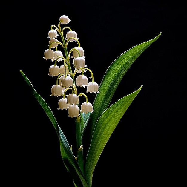 Een bos witte bloemen met groene bladeren en het woord lelie erop