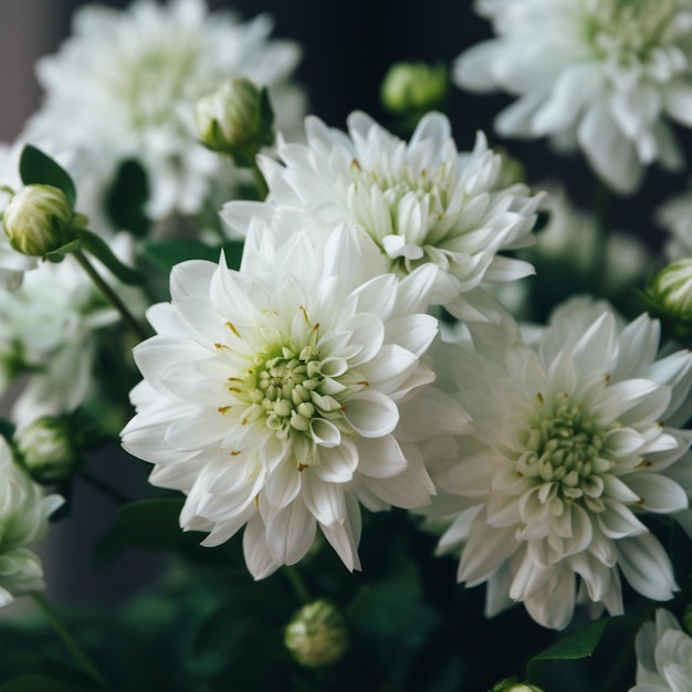 Een bos witte bloemen met groene knoppen en groene stelen