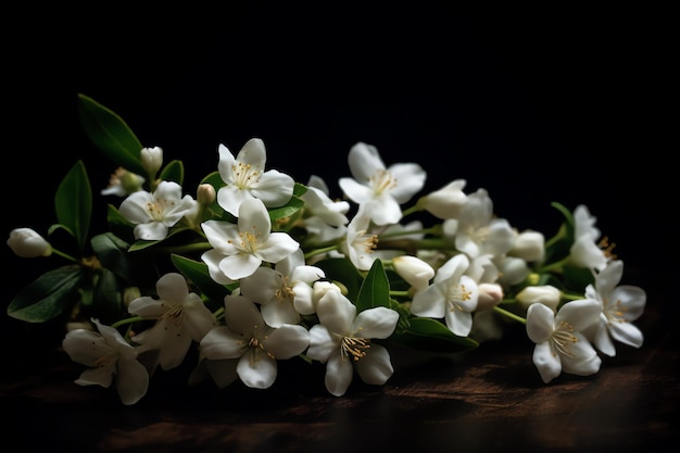 Een bos witte bloemen op een zwarte achtergrond