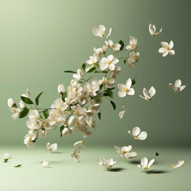 Een bos witte bloemen vliegt in de lucht