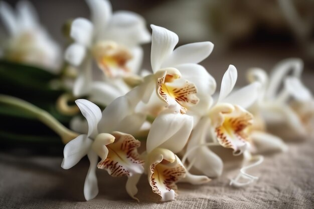 Een bos witte orchideeën op een bruine doek