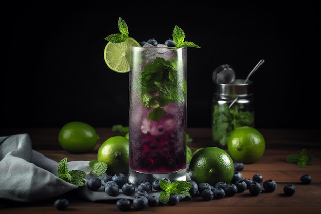 Een bosbessenmojito met muntblaadjes en limoenen op tafel.