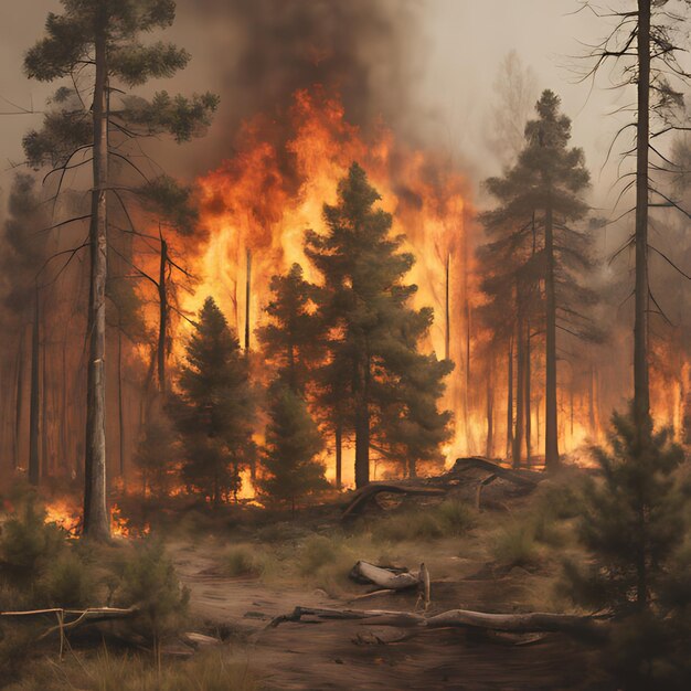 een bosbrand met een bosbrand op de achtergrond