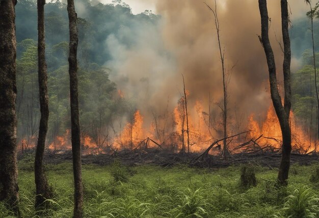 Een bosbrand met rook die eruit komt.