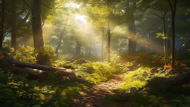 Een bosgezicht met de zon die door de bomen schijnt