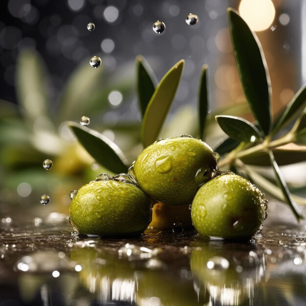 Een bosje groene olijven zit op een tafel met waterdruppels erop.