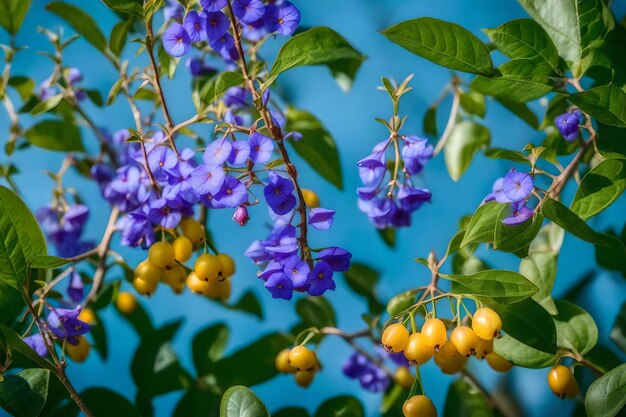 Foto een bosje paarse bloemen met een gele bessen erop