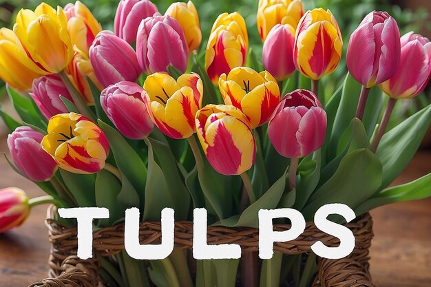 Een bosje tulpen met het woord tulpen onderaan.