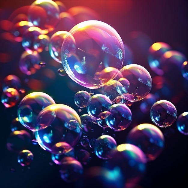een bosje zeepbellen staat in een cirkel met een rode en blauwe achtergrond.
