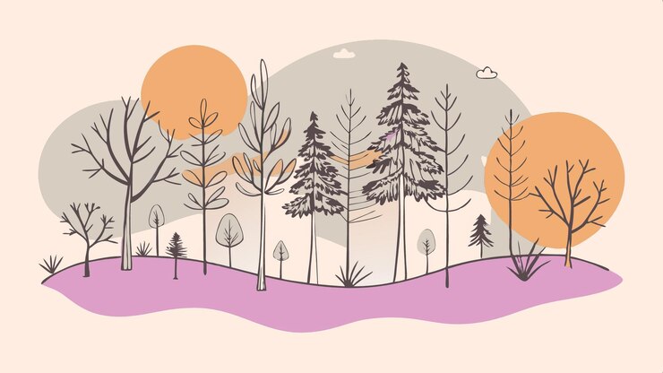 Foto een boslandschap met gras en talrijke bomen afgebeeld in een door de natuur geïnspireerde vectorillustratie