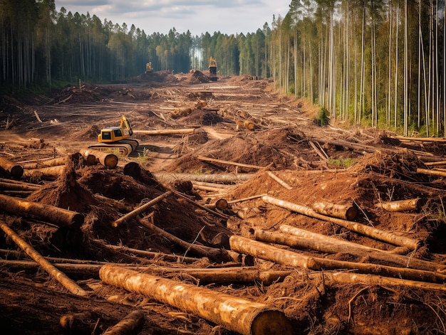 Een bosopruiming met een vrachtwagen op de voorgrond en bomen op de achtergrond.