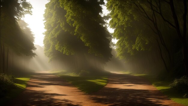 Foto een bospad in de mist.