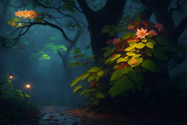 Een bospad met een lantaarn midden in het bos.