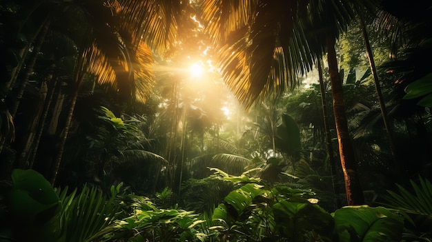 Een bosscène met een tropisch bos en planten in de ochtend met zonnestralen Generatieve AI