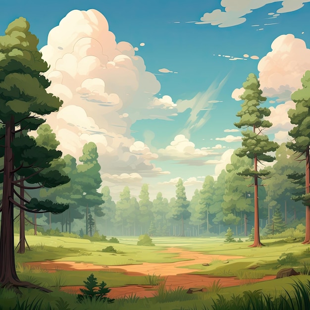 Een bosschilderij met hoge dennen en witte wolken in de verte Generatieve AI