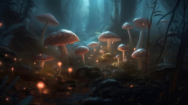 Een bostafereel met paddenstoelen en een blauw licht.