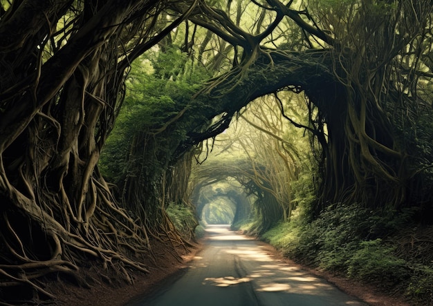 Een bosweg met een tunnel van overhangende takken