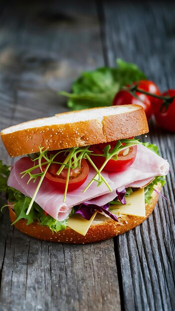 een boterham met ham, sla en tomaten op een houten tafel