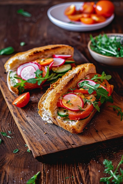 een boterham met tomaten en sla op een snijplank