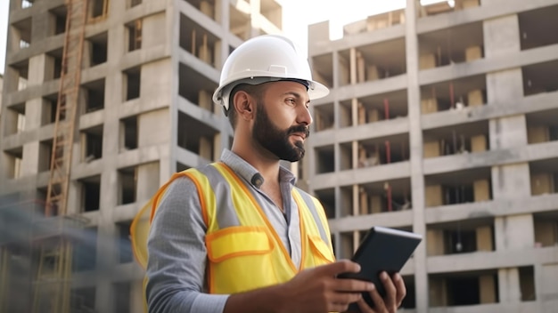 Een bouwer in een witte veiligheidshelm en een reflecterend vest met een digitale tablet in zijn handen tegen de achtergrond van een huis in aanbouw Generatieve AI