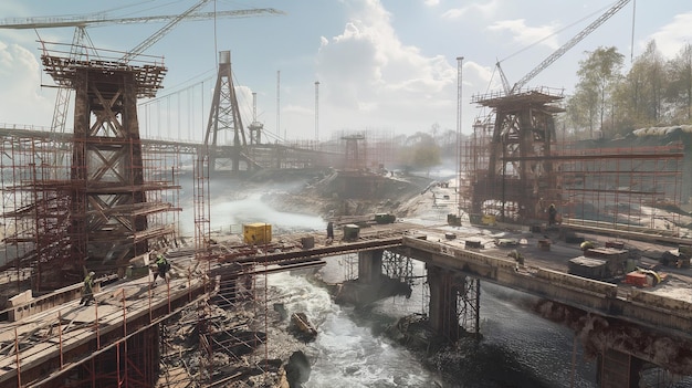 een bouwplaats met een brug op de achtergrond