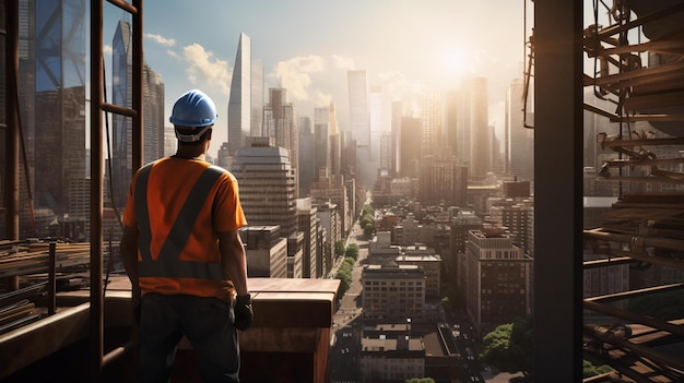 Een bouwvakker die de skyline van de stad bewondert vanuit een hoogbouw