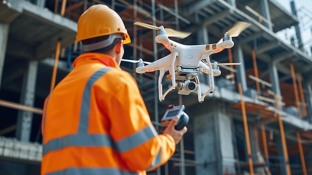 Een bouwvakker die een drone gebruikt op een bouwplaats het begrip drone survey en ruimte Generatieve AI