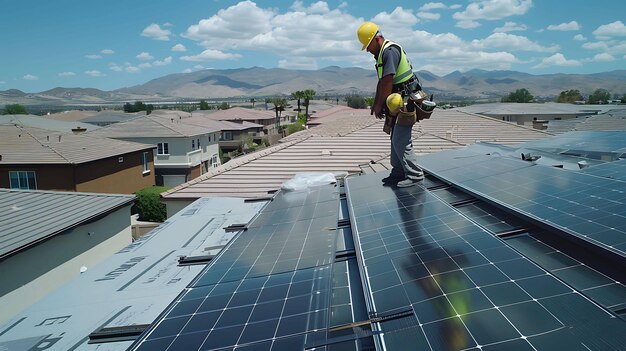 Een bouwvakker met een helm en een veiligheidsvest installeert zonnepanelen op een dak