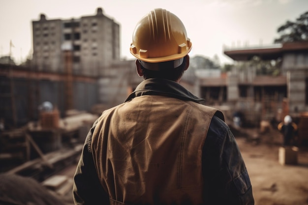 Een bouwvakker met een helm op kijkt naar een bouwplaats.