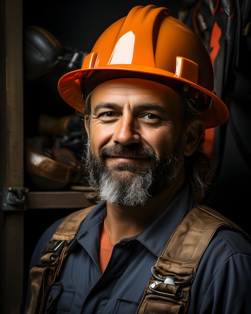 Een bouwvakker met helm en veiligheidspak lachend in een werkplaats