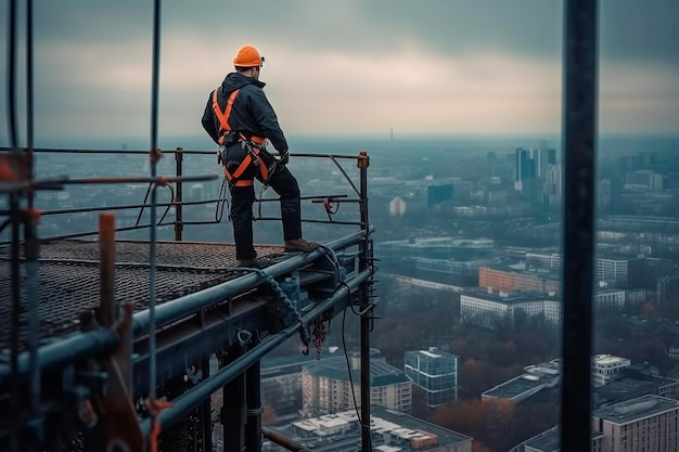 Een bouwvakker staat op een gebouw met uitzicht op de stad beneden.