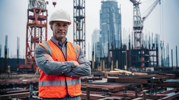 een bouwvakker staat voor een bouwplaats