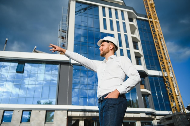 Een bouwvakkercontrole bij de constructie van dakconstructies op de bouwplaats en zonsondergangachtergrond