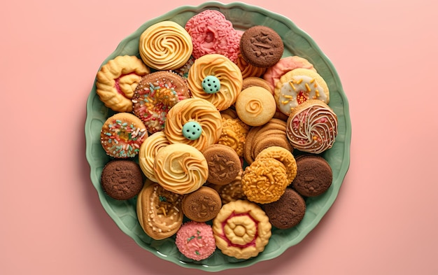 Een bovenaanzicht snoep en koekjes op een pastel achtergrond zoet dessert bakkerij voedsel ai gegenereerd