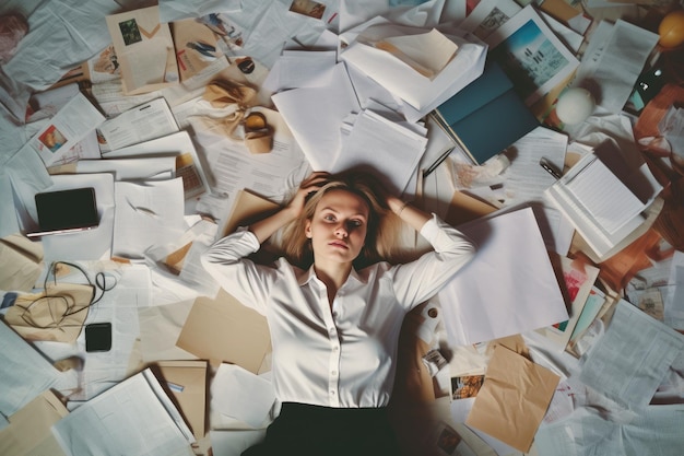 Een bovenaanzicht van een jonge Scandinavische zakenvrouw die op de vloer ligt vol papieren en documenten in een kantoorscène Generatieve AI-afbeelding AIG30