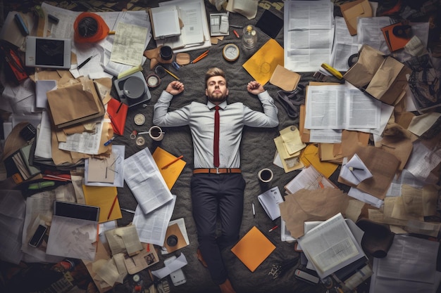 Een bovenaanzicht van een overwerkte jonge Scandinavische zakenman, liggend op de vloer vol papieren en documenten in een kantoorscène Generatieve AI-afbeelding AIG30