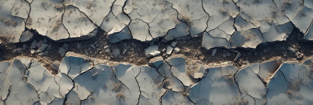 Een bovenaanzicht van scheuren in de grond als gevolg van een aardbeving, waardoor kloven en een verpletterde textuur ontstaan